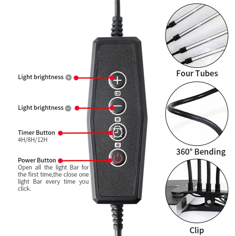 Lámpara LED de luz diurna para crecimiento de plantas, tira larga de 4 tubos, 4 cabezales, Clip de luz de crecimiento de plantas, iluminación de