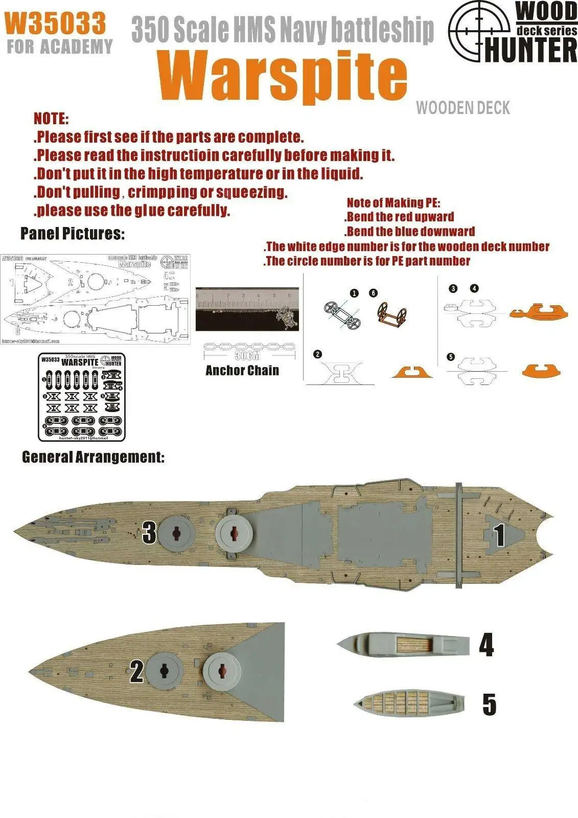 

Hunter 1/350 W35033 Wood deck HMS Warspit for Academy Top quality