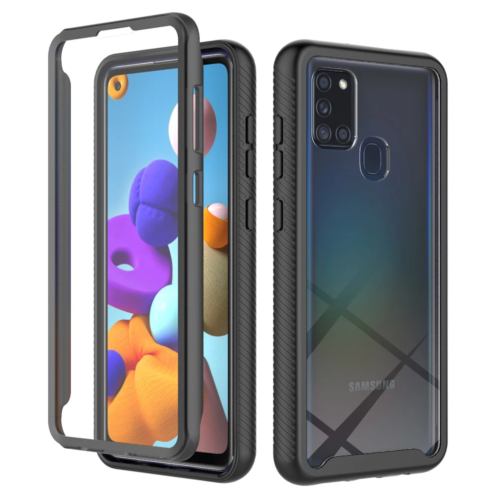 Heavy Duty Protection Shockproof Case For Samsung Galaxy A21S Soft TPU + PET Front Film Transparent Acrylic Hard PC Back Cover