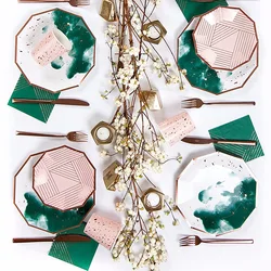 Gold Foil Party Green Disposable Tableware Christmas Wedding Kids Birthday Party Paper Plates Cups Napkins Straw Decor Supplies