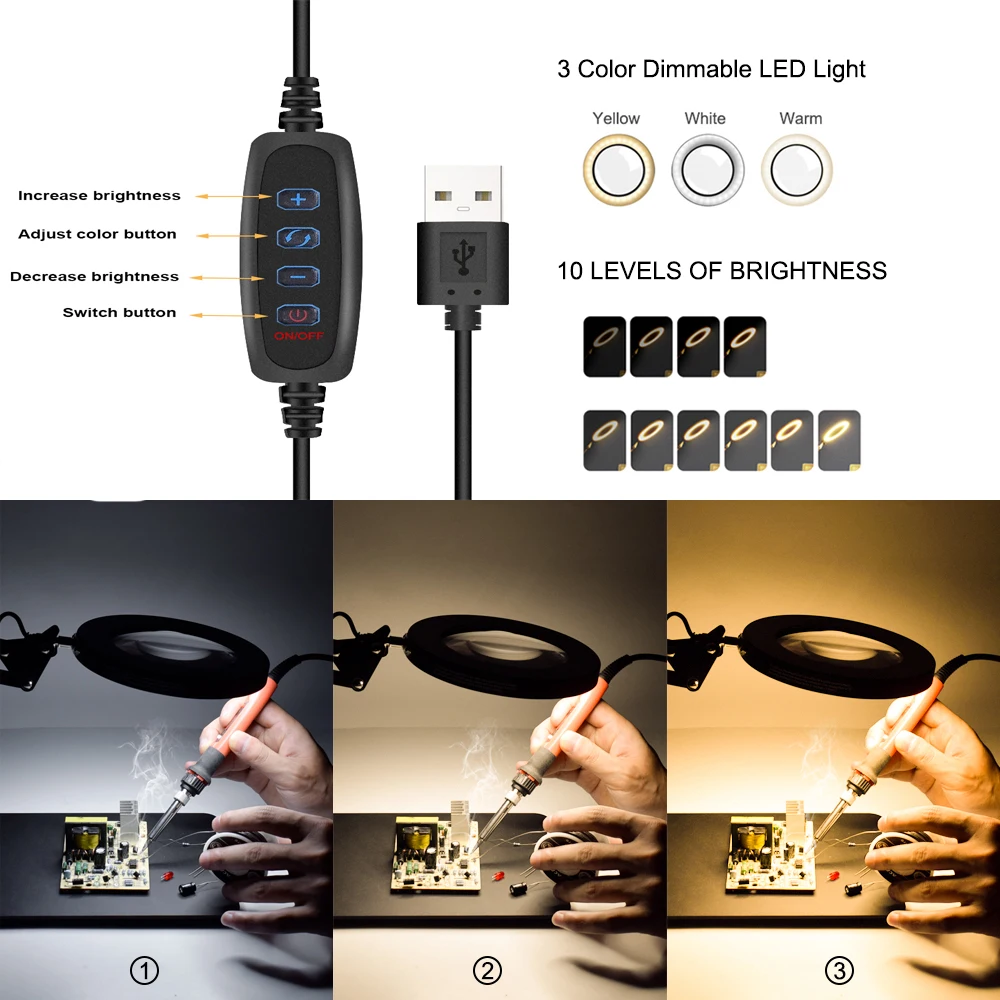 Newacalox 5x Lupe LED Lampe USB 3 einstellbare Farben schwarz Eisenplatte Schweiß werkzeug Lötkolben Reparatur Beleuchtung