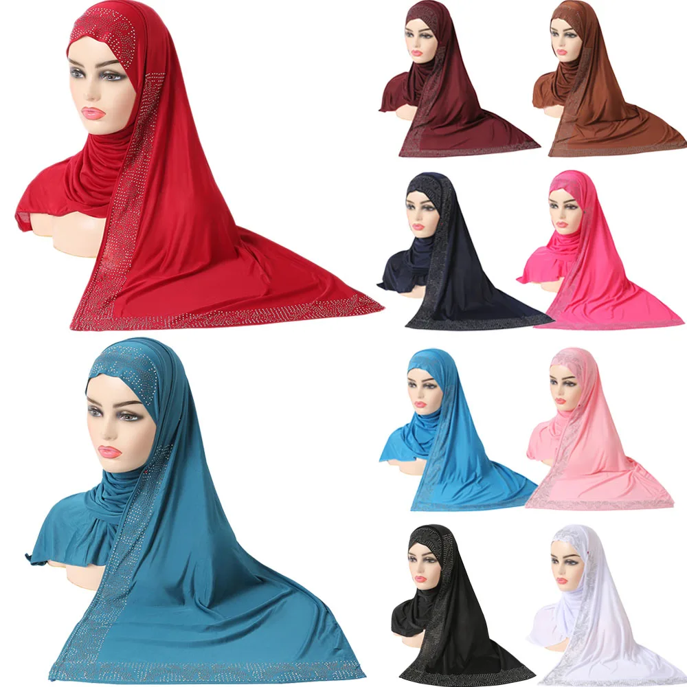 

Ramadan Muslim Women Amira Headscarf Hijab Rhinestone Scarf Head Wrap Prayer Islamic Bandana Turban Arab Hat Middle East Fashion