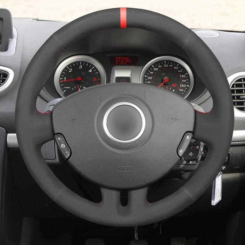 Hand-stitched Black Suede Red Marker Car Steering Wheel Cover for Renault Clio 3 2005 2006 2007 2008 2009 2010- 2012