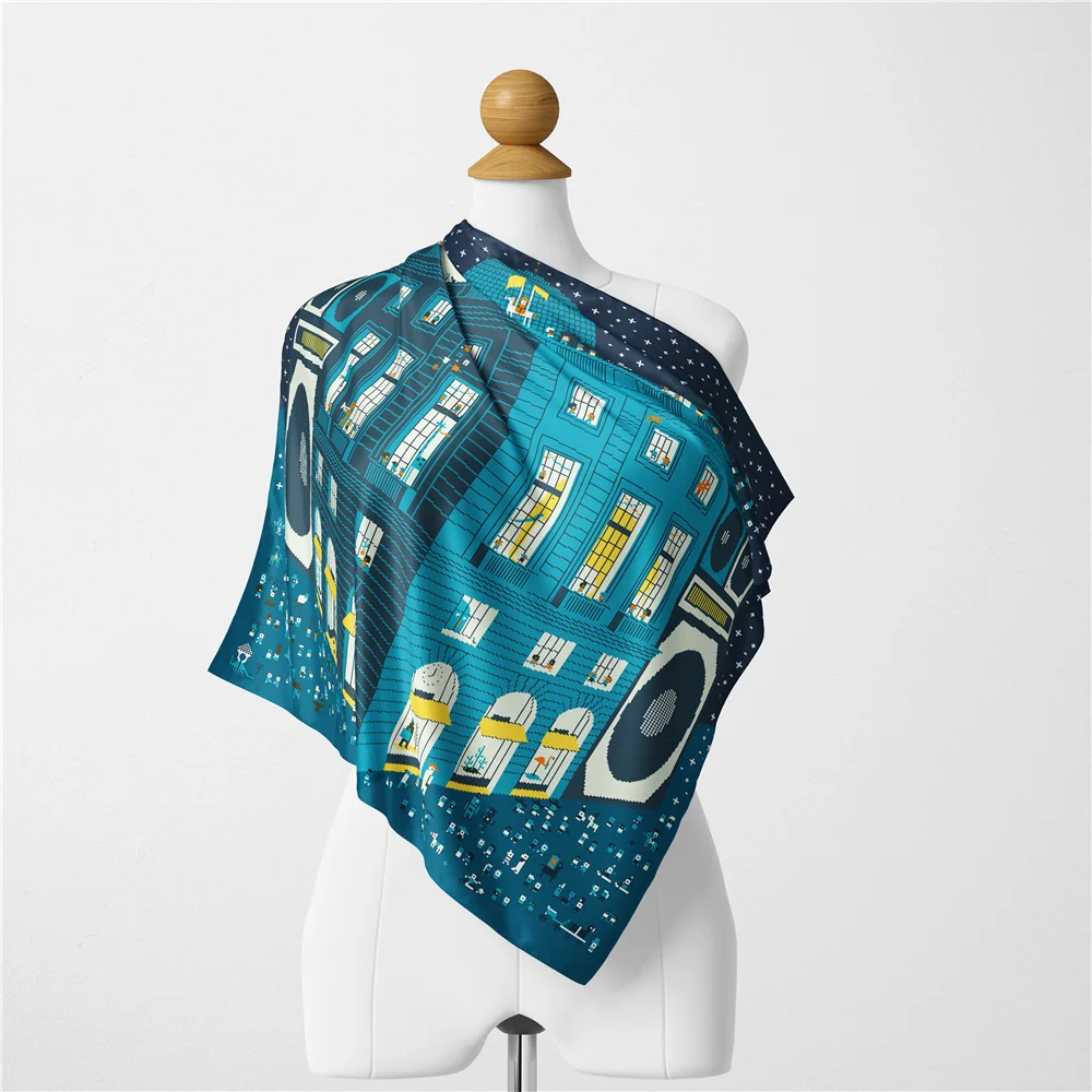 Twill Silk Scarf Woman Buliding Painting Square Scarves Wraps Bandana Small Hijab Silk Foulards Tie Headband Neckerchief 53CM