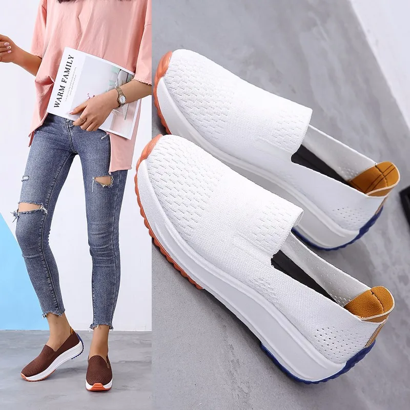 

2021 NEW Womens Shoes Platform Shoes Fashion Sneakers Stretch Fabric Breathable Med (3cm-5cm) Slip-On Plus Size Shoes for Women