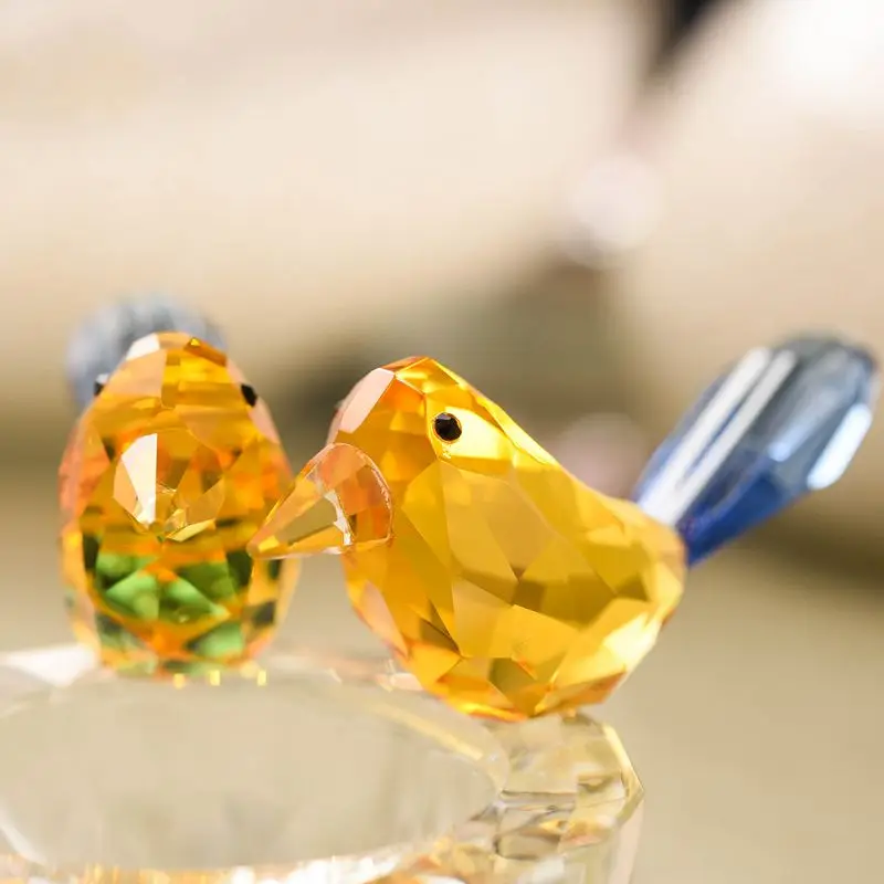 Beatiful Crystal Yellow Birds on A Bowl Figurines Collection Art Glass Jewelry Ring Holder Status for Table Home Decor