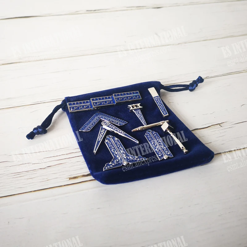 Set of 9 different Blue Masonic Working Tools Badge with velvet Bag Mason Freemason Miniature Freemason Gifts