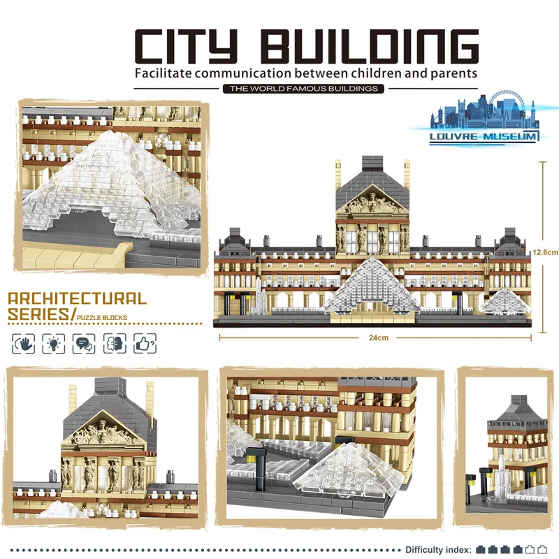 World Famous Cultural Architecture Nanobricks France Paris Louvre Museum Micro Diamond Block Model Building Bricks Toy For Gift