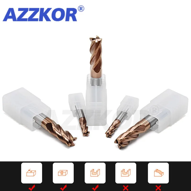 Cortador de fresado con revestimiento de aleación, herramienta de acero de tungsteno Cnc, máquina de fresado Hrc65 Endmill Azzkor, Kit de cortador