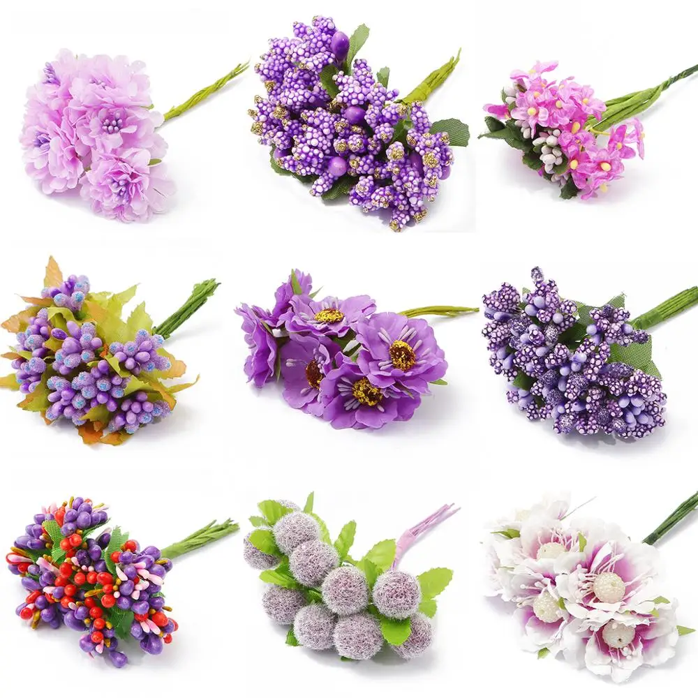 

6/10/12/50/60/70/90pcs Purple Mixed Hybrid Flower Cherry Stamen Berries Bundle DIY Cake Christmas Wedding Gift Box Wreaths Decor