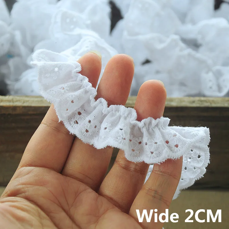 2CM Wide White Cotton Embroidered Flowers 3d Lace Ribbon Elastic Ruffle Trim Collar Neckline DIY Sewing Applique Guipure Decor