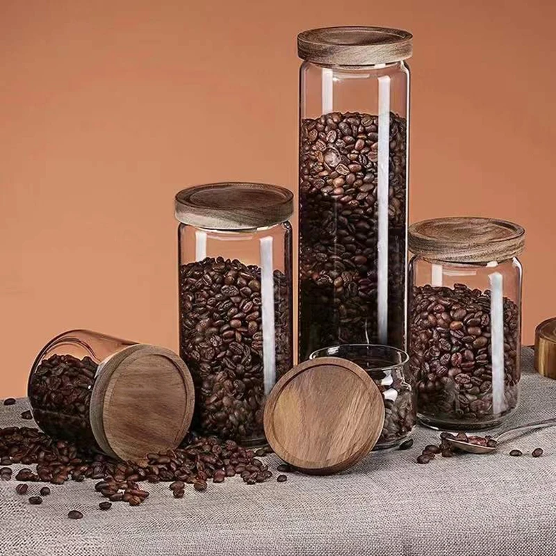 Sealed food storage jars Wood Lid Glass Airtight Canister Tea Coffee Beans Kitchen Storage Bottles Jar Sealed Grounds Candy Jars