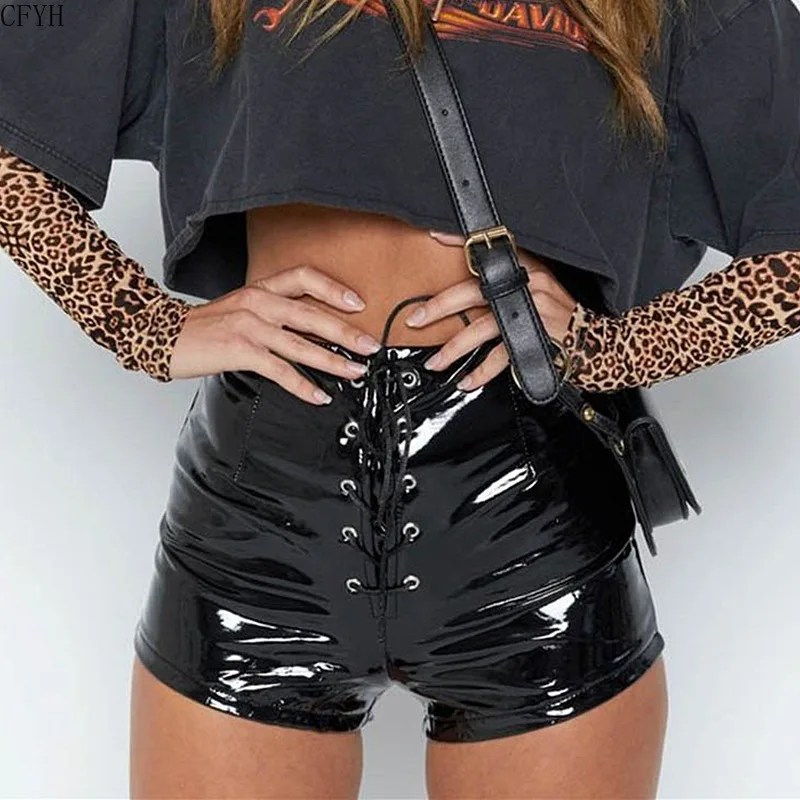 Nieuwe Lace Up Elastische Taille Pu Leather Shorts Zomer 2023 Zwart Rood Sexy Mode Tie Up Shorts Streetwear Club Kleding lady