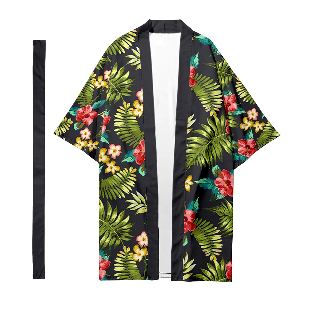 

Tropical Plants Printed Long Kimono Cardigan With Belt Japanese Traditional Couple Women Men Casual Asian Clothes Harajuku