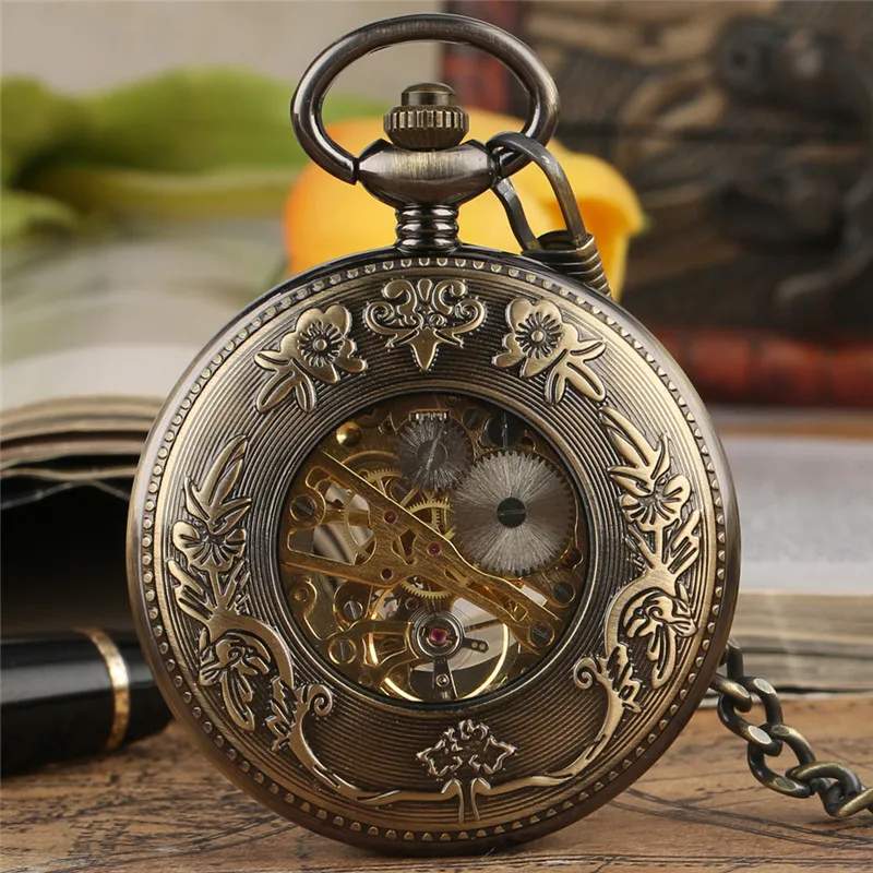 Luxury Wood Bronze Skeleton Mechanical Hand Winding Pocket Watch Roman Numerals Display Dial Half Hunter Pendant Chain Gift