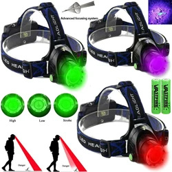 Farol Zoomable para caça, ferramentas ao ar livre, verde, vermelho, luz UV, impermeável, lâmpada principal USB, 3 modos, tochas, tochas, 395nm, 2000LM