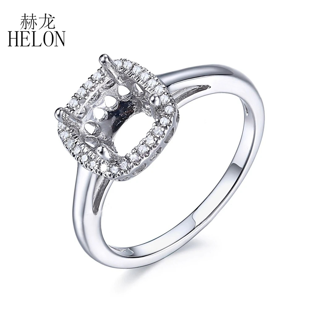 HELON Cushion Cut 7X7mm Solid 10K White Gold Natural Diamonds  Semi Mount Engagement Wedding Ring Setting Women Fine Jewelry