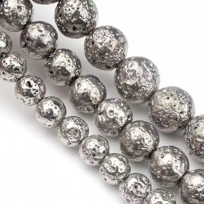 Natural Stone Sliver Plated Rock Volcanic Lava Stone Beads Round Loose Spacer Bead For Jewelry Making Diy Charm Bracelet 15Inch