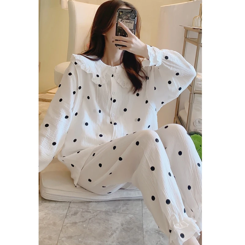 KISBINI Women Pajamas Set Oversized Top Dot Print Long Sleeve Autumn Female Sleepwear Pure Cotton Button Homewer For Women