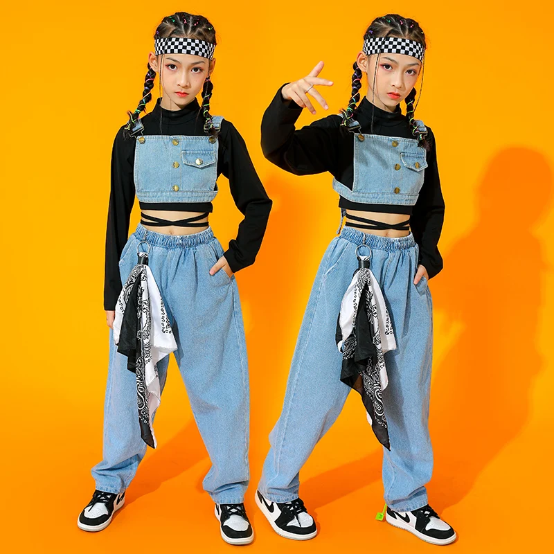 Costume de Jazz pour filles, vêtements en Denim, tenue de Performance à manches longues, vêtements de danse de rue modernes, vêtements de Rave pour enfants BL7230