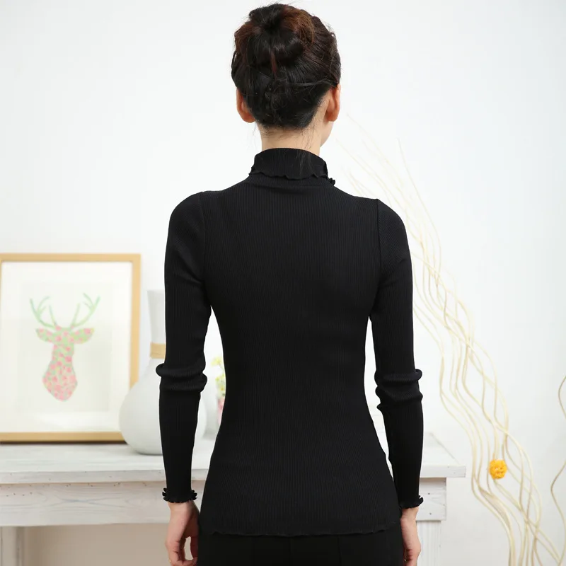 

70%Nature Silk 30% Cotton High Necked Bottoming Shirt Basic Style Seamless Long Sleeved Sweater High Elastic Thread T-shirt