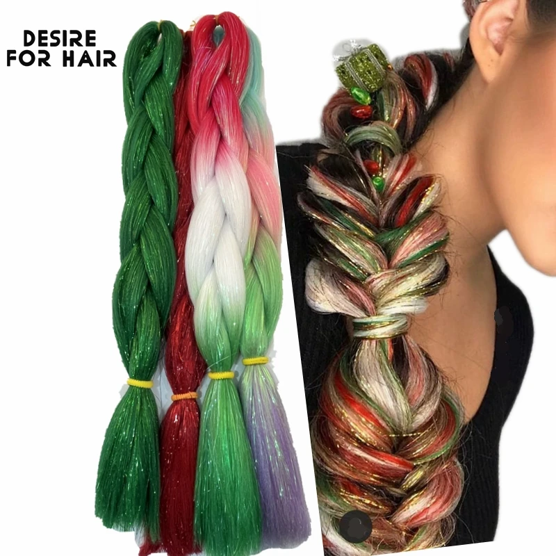 

Desire for Hair 24inch Synthetic Braiding Hair Mix Tinsel Bling Bling Red Christmas Color Synthetic Hair Extensions Jumbo Braids