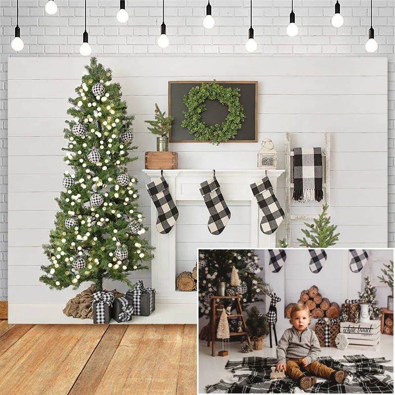 MOCSICKA Photography Background Christmas Tree Lights Wreaths Fireplace Toy Socks Birthday Party Backdrop Photocall Photo Studio