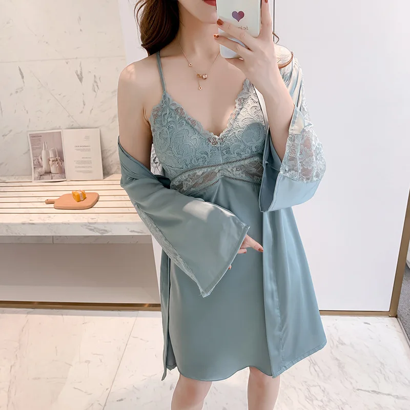 

2PCS Set For Women Robe With Pads Sexy Satin Sleepwear Intimate Lingerie Perspective Nightdress Lace Nightgown Home Clothes