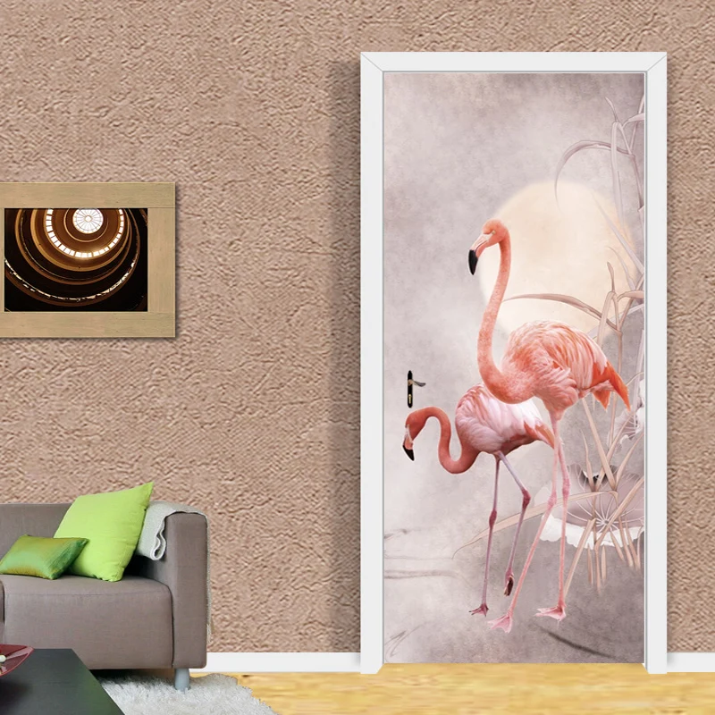 Self-Adhesive Door Sticker 3D Pink Bird INS Nordic Style Wallpaper Bedroom Door Poster PVC Waterproof Sticker Door Decal Murals