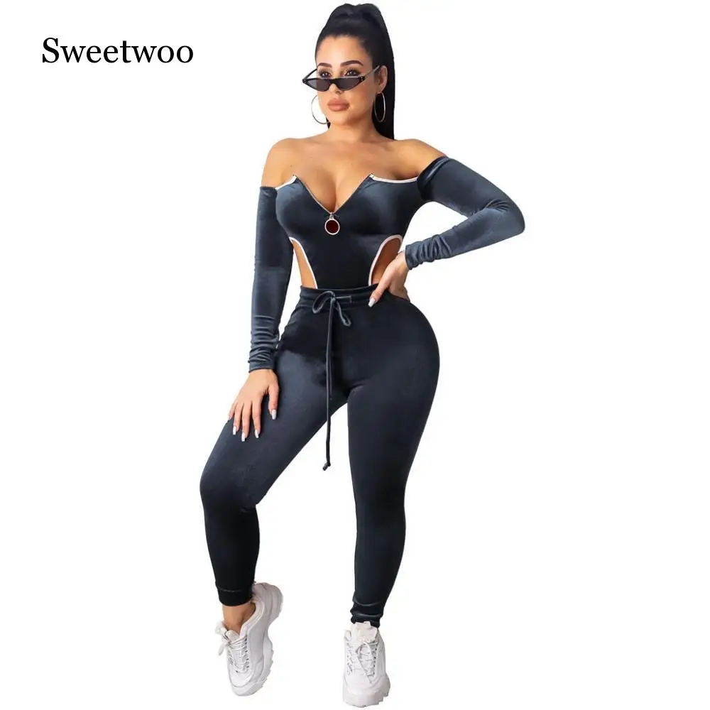 Women Casual Suits Sports-wear Gold Velvet Jogging Sport Two-Piece Set Long Sleeve Crop Tops + Pants Outdoor Fitness Sets