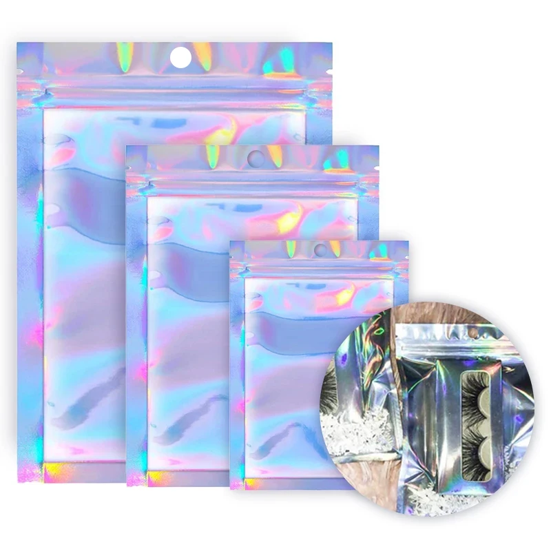 50/100/200pcs Holographic Laser Translucent Zip Lock Packaging Resealable Eyelashes Storage Bag Pouch Cosmetic Box For Wholesale