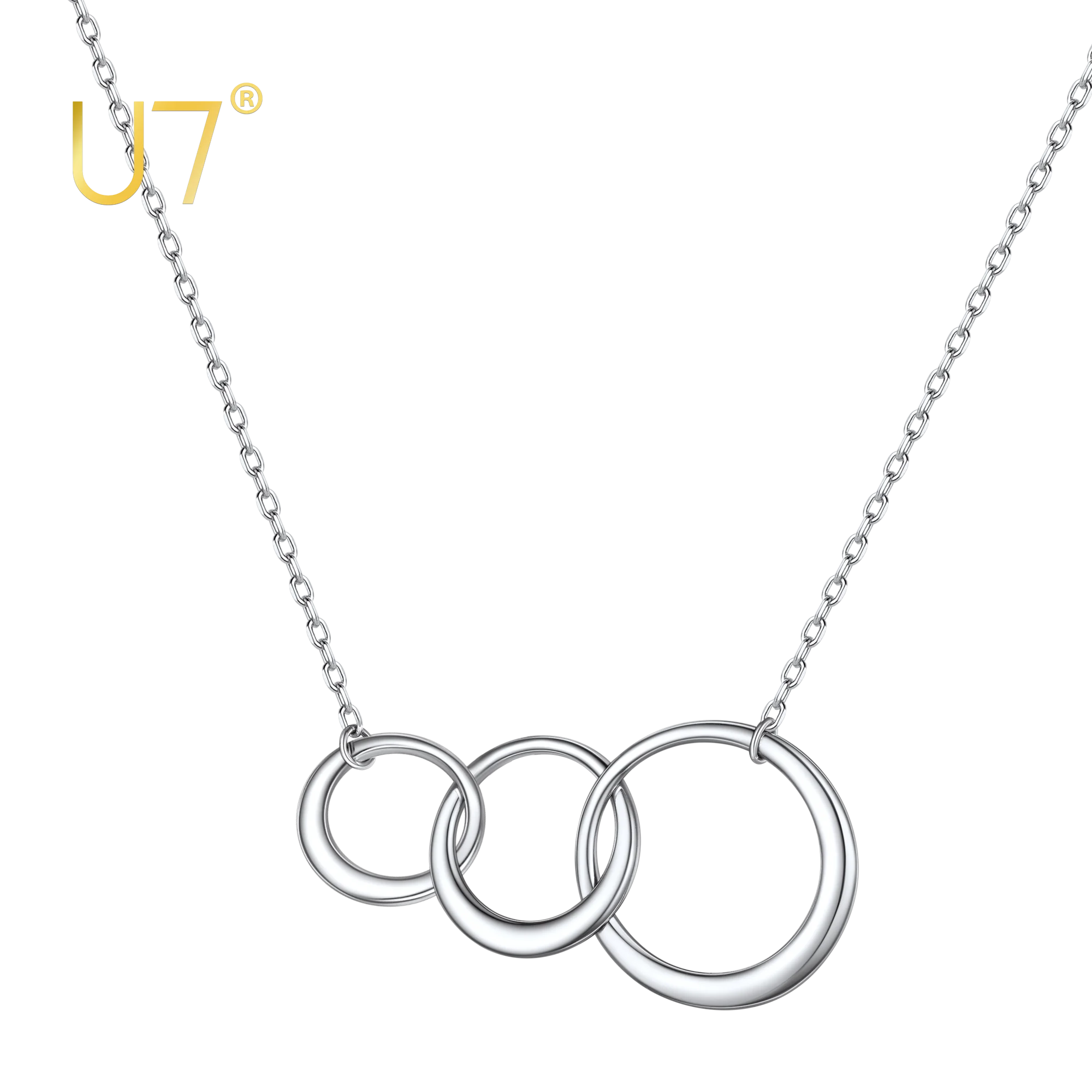 U7 925 Sterling Silver 3 Interlocking Circles Necklace Pendant Generation Necklace Love Between Daughter Mother 16 Inch