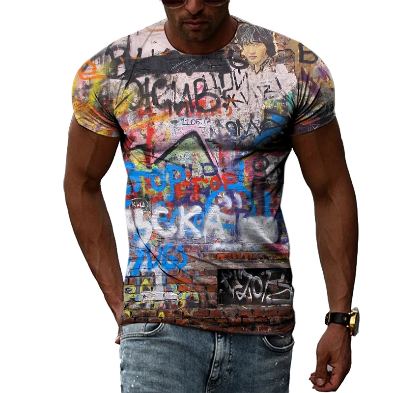 Summer New 3D Retro Graffiti T-shirts Men Fashion Casual Personality Vintage Trend Printing Round Neck Short Sleeve Tees Tops