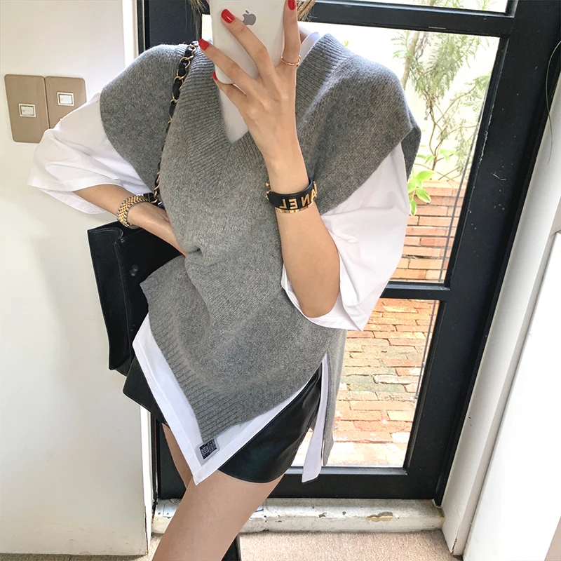 2020 New V-Neck Girls Pullover 100% Wool Sweater Autumn Winter Women Vest Sleeveless Female Fashion Warm Casual Oversize