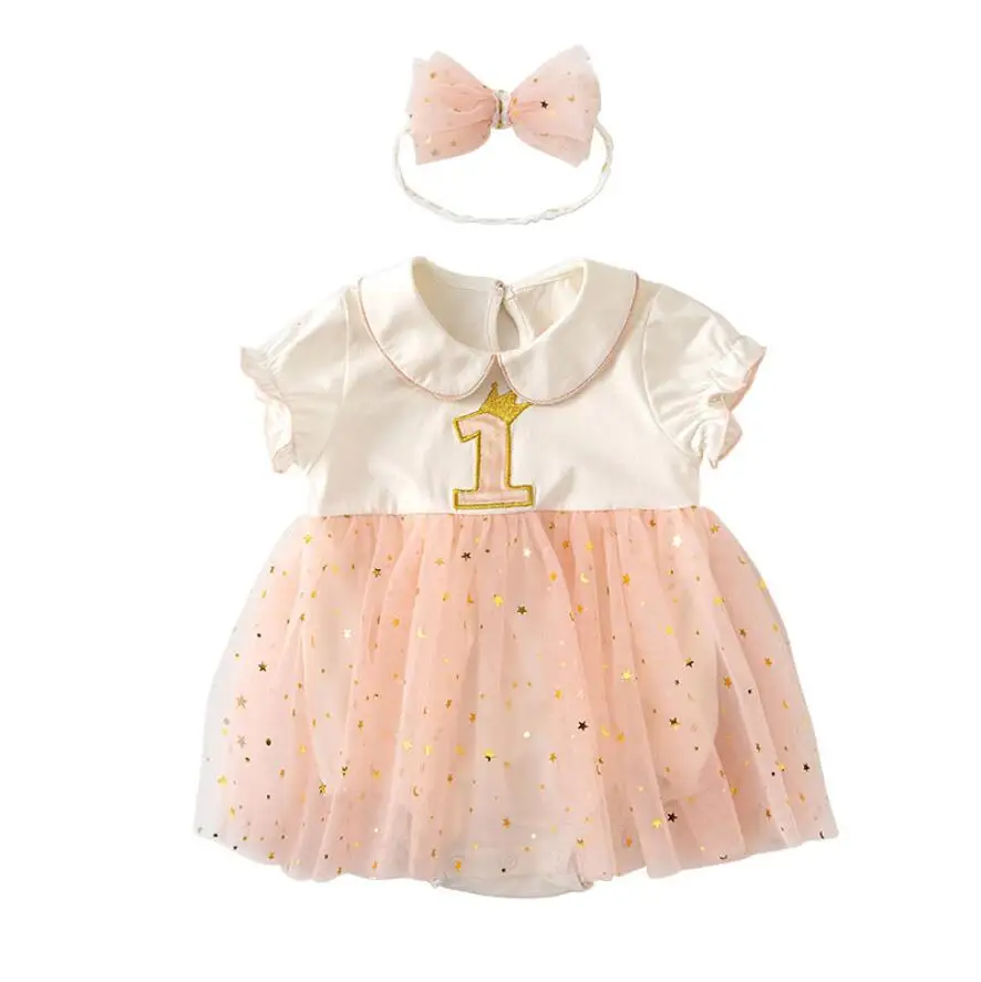 

Classical Round Collar Bling Star Moon Baby Girl Tutu Dress Embroidery Crown Number 1 Birthday Outfit Bowknot Headband