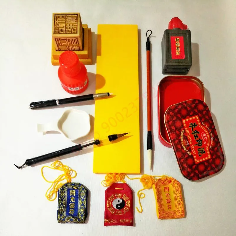 

Taoist supplies, a complete set of Taoist symbols, soft brush, seal, base, red inkpad, inkpad, ink and blessing bag, Rune paper