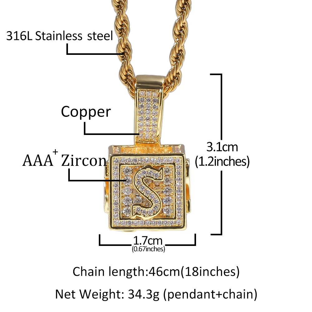 THE BLING KING Solid Square Block Letter Pendant Necklace English Initial Baby Letters Fashion Iced Out Cubic Zirconia Jewelry