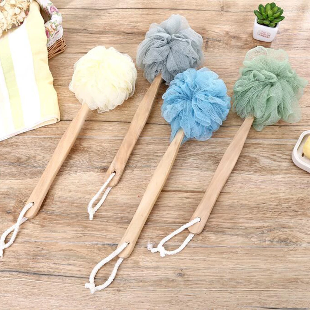 Long Handle Mesh Pouf Bath Sponge, Shower Body & Back Scrubber on a Stick with a Wood Handle for Men & Women, Easy to Reach