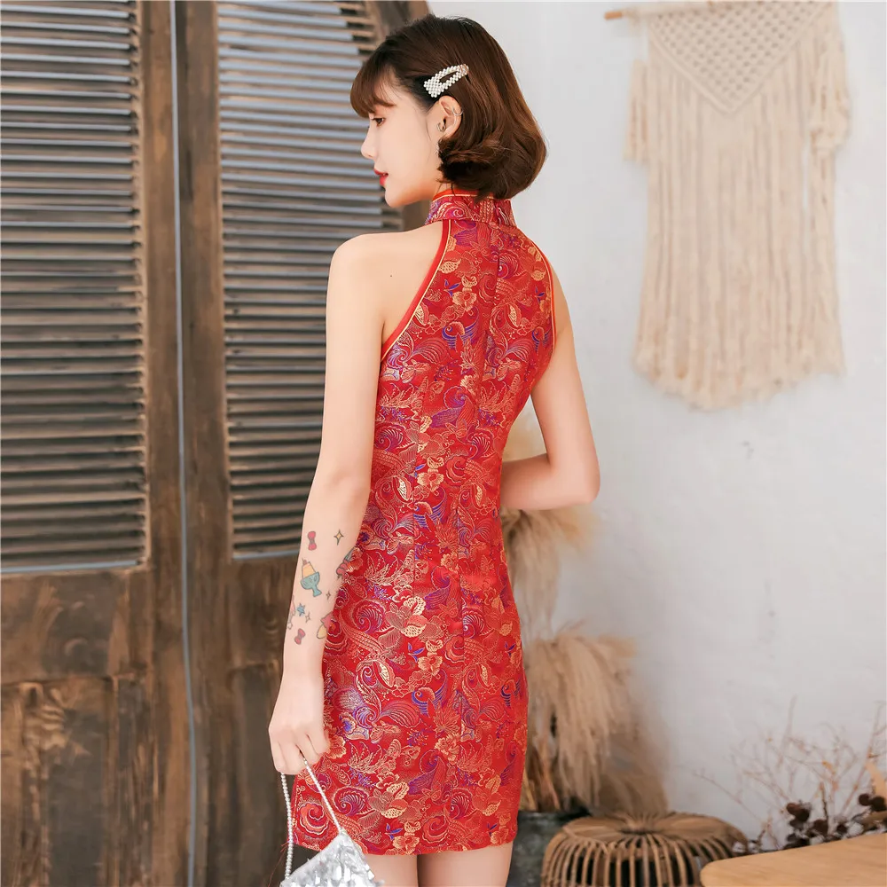 Oversize 3XL Red Traditional Women Satin Summer New Chinese Dress Vestidso Sleeveless Sexy Chwongsam Mini Elegant Qipao