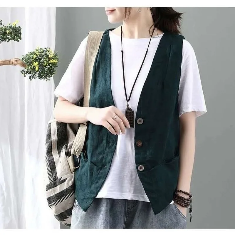 Vests Women Minimalist Elegant Retro Summer Chic Fashion All-match Womens Sleeveless Vest Leisure Single Breasted Ladies Outwear