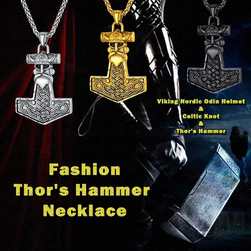 U7 Norse Vikings Odin Necklace Mens Stainless Steel Nordic Viking Jewelry Thor\'s Hammer Pendant Pagan Amulet Accessories