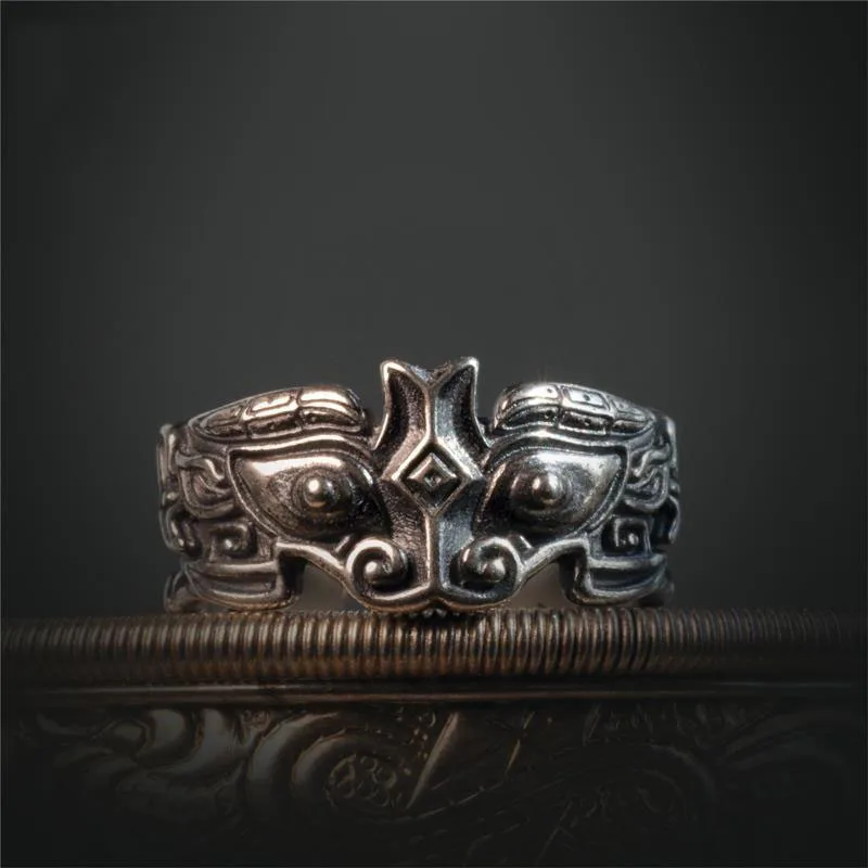 silver animal face pattern retro no mosaic cold temperament exaggerated opening adjustable male and female couple rings