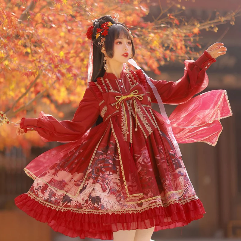 Lolita Chinese style op lace bowknot princess dress women Hanfu retro sweet lolita victorian printing kawaii girl cosplay loli