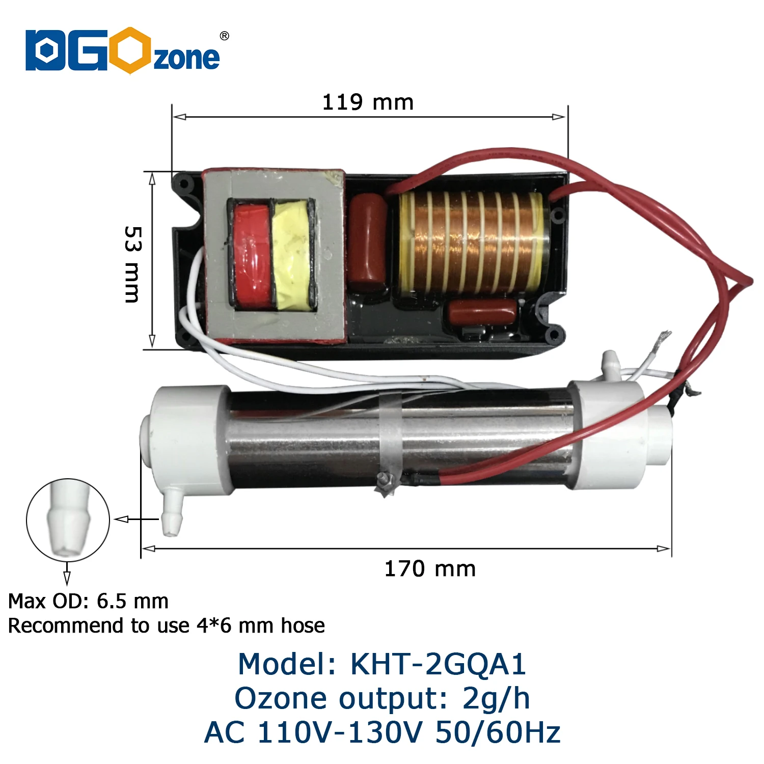 2G/H Ozone Generator with Quartz Tube for Air and Water Purifying Household SPA Ozonier Ozonator Air Cooling