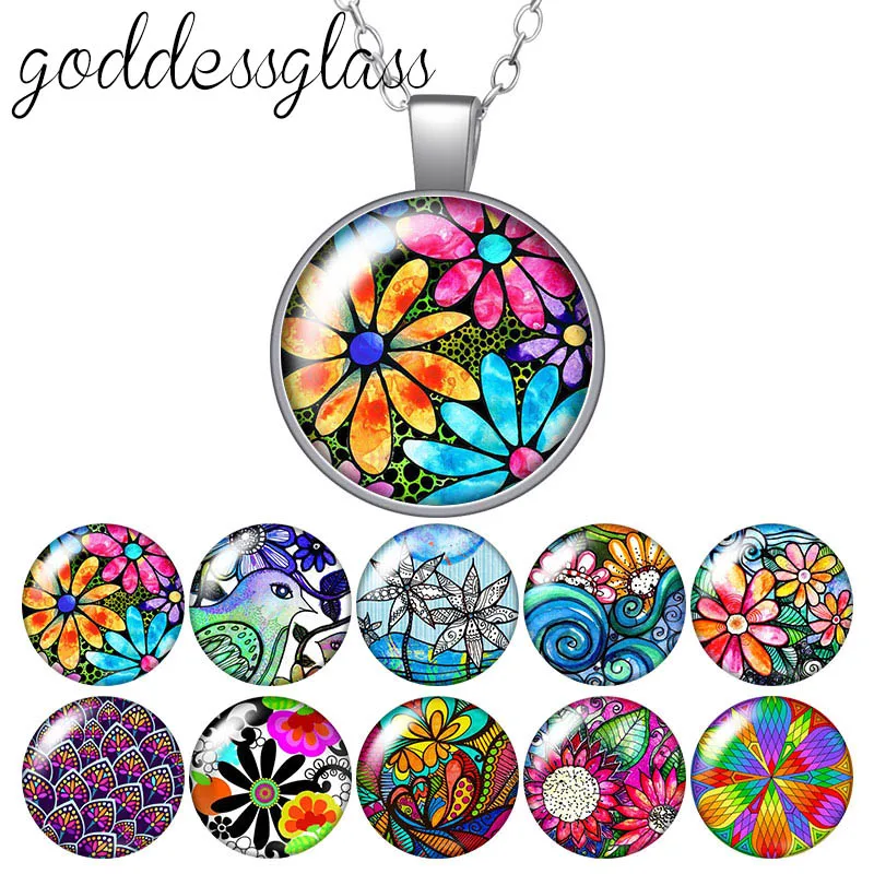 Beauty painting Flowers Birds Dasiy Sunflower Round Glass glass cabochon silver plated/Crystal pendant necklace jewelry for Gift