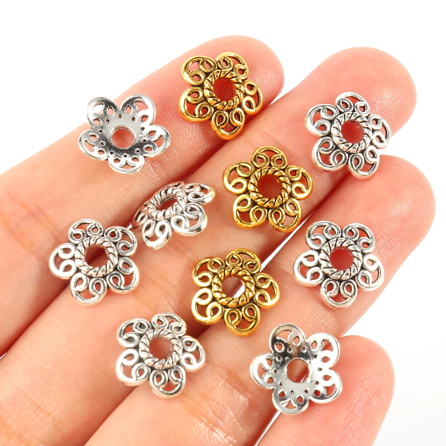 Antike Gold- und Tibet-Silberfarbene Perlenkappen, Endkappen, Blumenperlen, Handarbeiten für Schmuckherstellung, Zubehör für DIY-Projekte – Detail 10