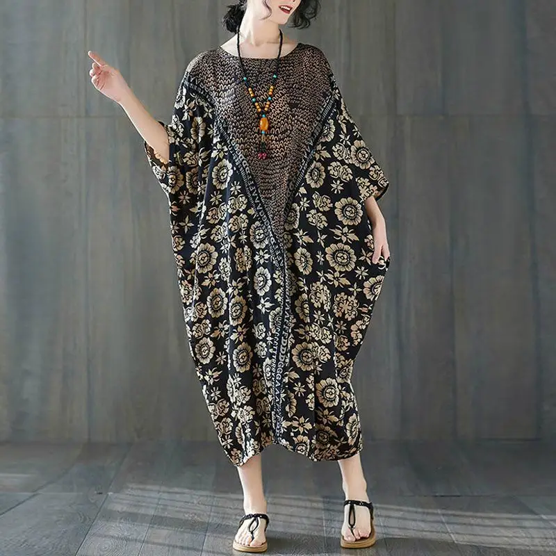 Oversized Satin Casual Dress Summer 2023 High Quality Vintage Floral Print Dresses for Women Batwing Long Dress