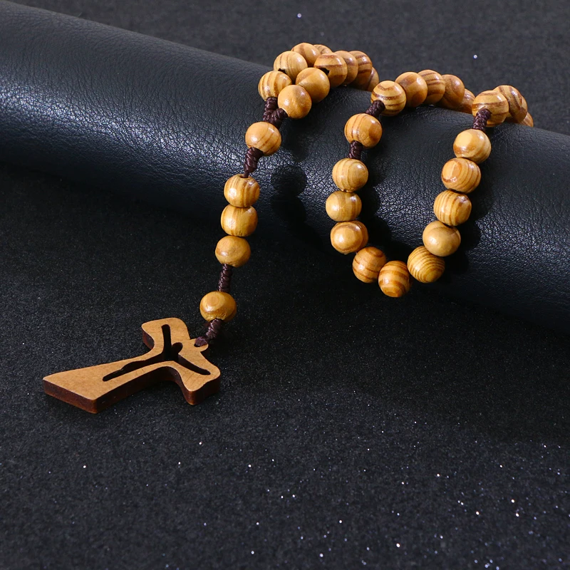 Komi Catholic Christ Orthodox Wooden Beads Hollow Cross Pendant Necklace For Women Men Religious Jesus Rosary Jewelry Gift R-004