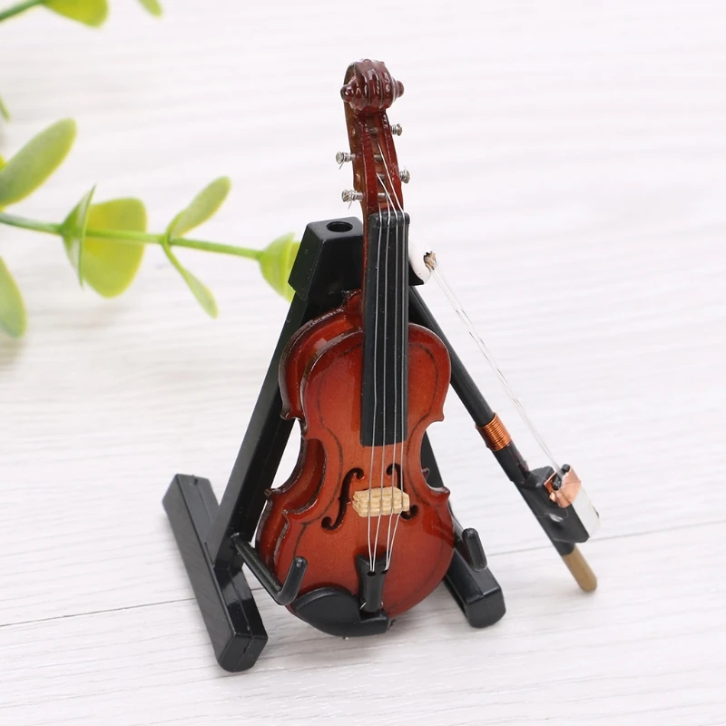 

7CM Mini Violin Miniature Musical Instrument Wooden Model with Support and Case