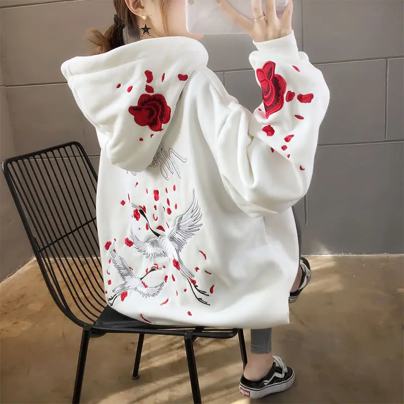 

Oversized Women Hoodies Casual Embroidered Rose & Crane Sweatshirt Korean Style Autumn Long Sleeve Hooded Female Pullovers Tops